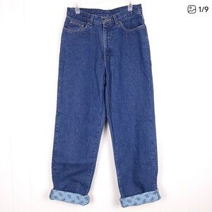 LL Bean 12 tall Relaxed Fit high waisted flannel lined jeans holly winter print